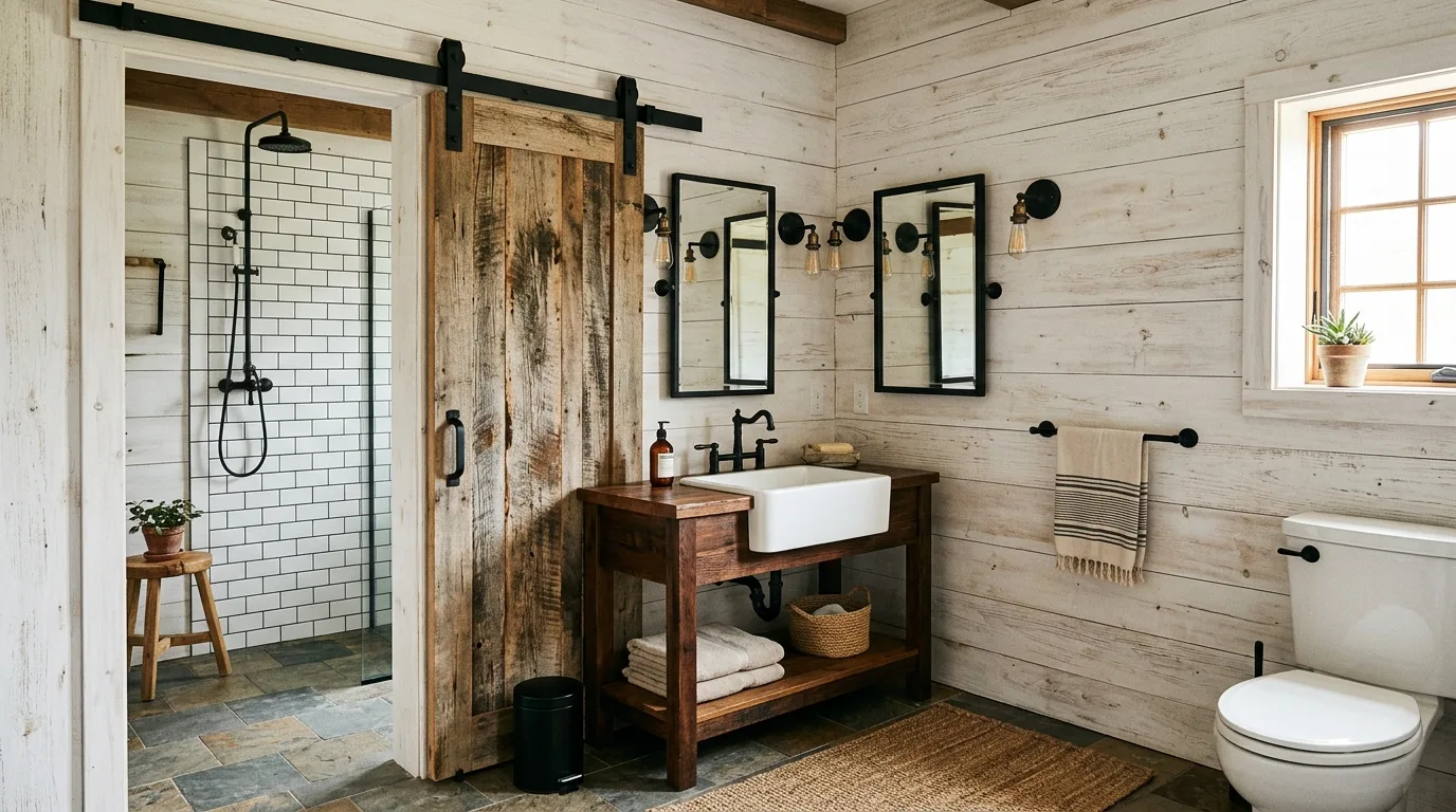 Use open shelving that still feels edited inspiration for a modern farmhouse bathroom.